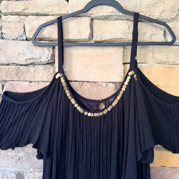 EUC TORRID 4XL Mini Gauze Black Cold Shoulder Trapeze Gold Accent Mini Dress - Picture 7 of 15